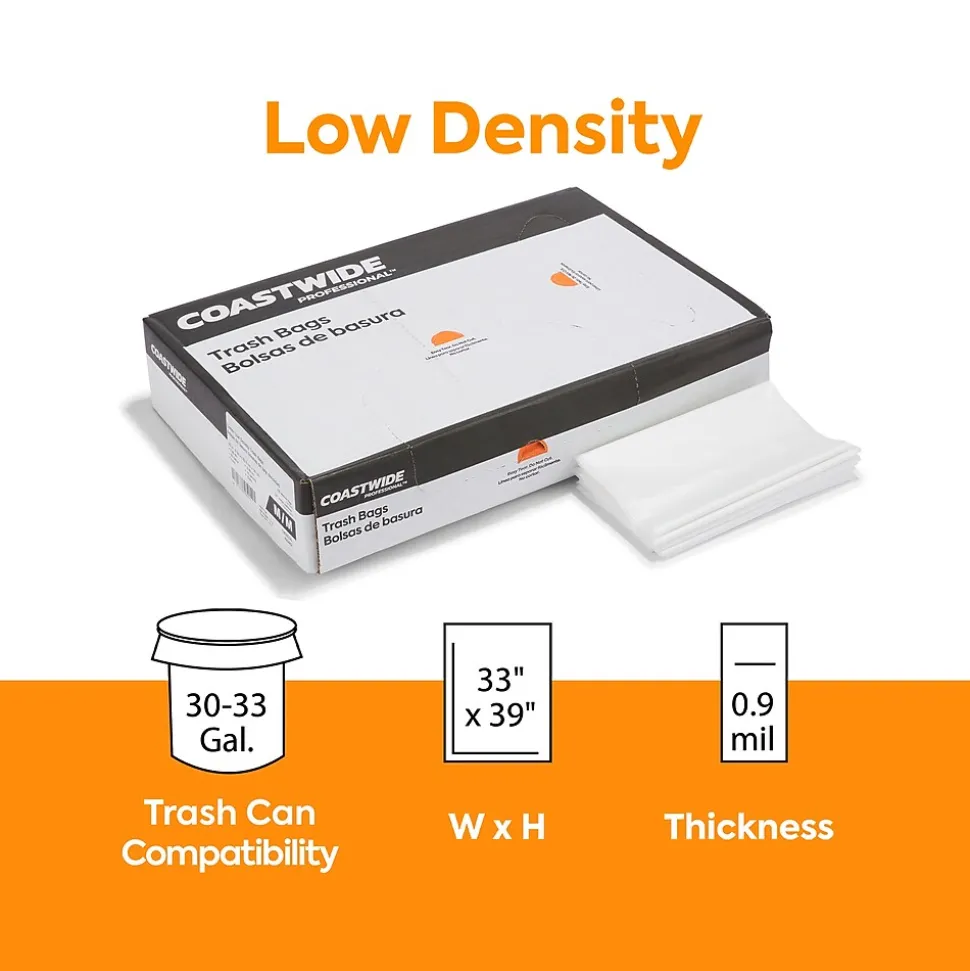 Coastwide Professional™ 30-33 Gallon Trash Bag, 33" x 39", Low Density, 0.9 mil, Clear, 150 Bags/Box (CW22339)