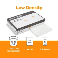 Coastwide Professional™ 40-45 Gallon Trash Bag, 40" x 46", Low Density, 1.5 mil, Clear, 100 Bags/Box (CW50714)