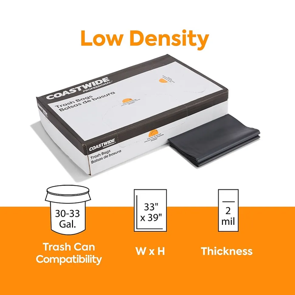 Coastwide Professional™ 30-33 Gallon Trash Bag, 33" x 39", Low Density, 2 mil, Black, 100 Bags/Box (CW57403)