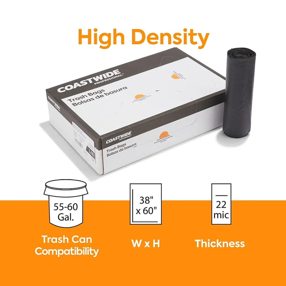 Coastwide Professional™ 55-60 Gallon Trash Bag, 38" x 60", High Density, 22 mic, Black, 150 Bags/Box (CW17712)