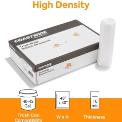 Coastwide Professional™ 40-45 Gallon Trash Bag, 40" x 48", High Density, 16 mic, Natural, 250 Bags/Box (CW18204)