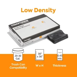 Coastwide Professional™ 20-30 Gallon Trash Bag, 30" x 36", Low Density, 0.45 mil, Black, 250 Bags/Box (CW18182)