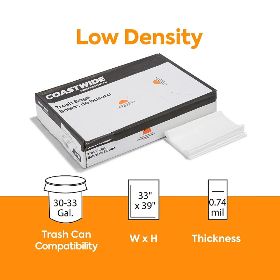 Coastwide Professional™ 30-33 Gallon Trash Bag, 33" x 39", Low Density, 0.74 mil, White, 150 Bags/Box (CW18185)
