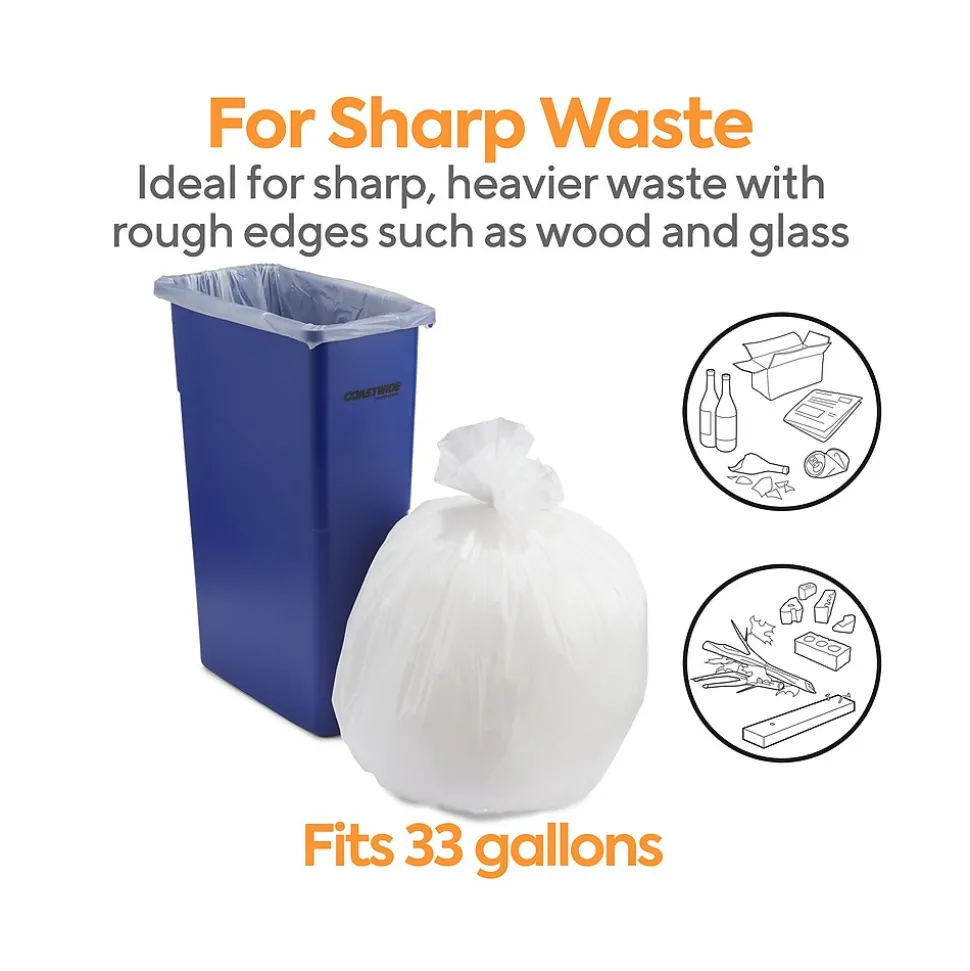 Coastwide Professional™ 30-33 Gallon Trash Bag, 33" x 39", Low Density, 0.74 mil, White, 150 Bags/Box (CW18185)