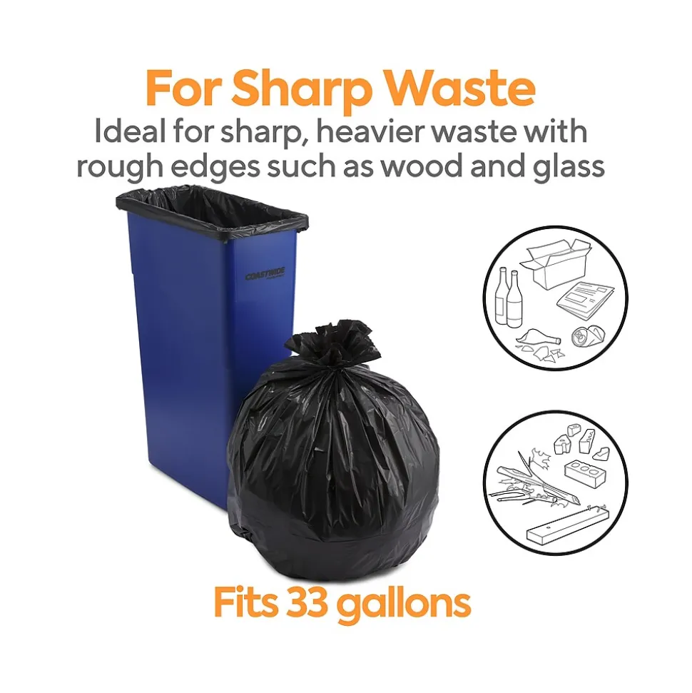 Coastwide Professional™ 30-33 Gallon Trash Bag, 33" x 39", Low Density, 1.35 mil, Black, 150 Bags/Box (CW18206)