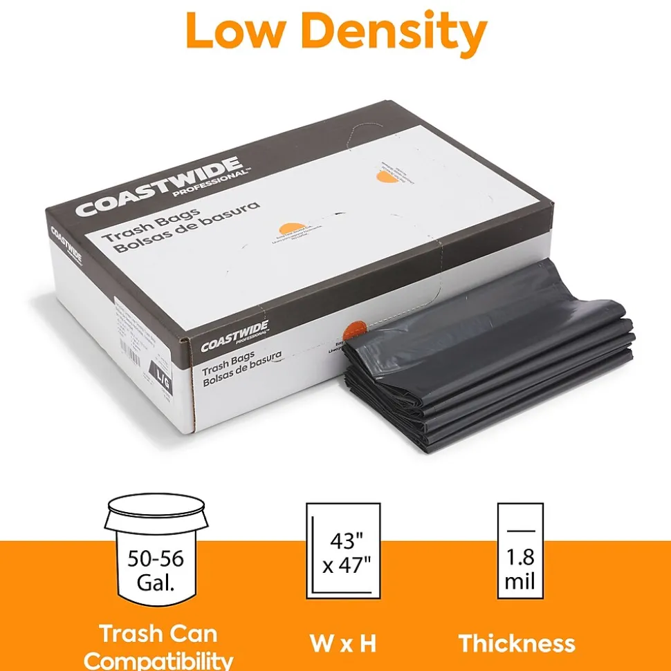 Coastwide Professional™ 50-56 Gallon Trash Bag, 43" x 47", Low Density, 1.8 mil, Black, 100 Bags/Box (CW18209)