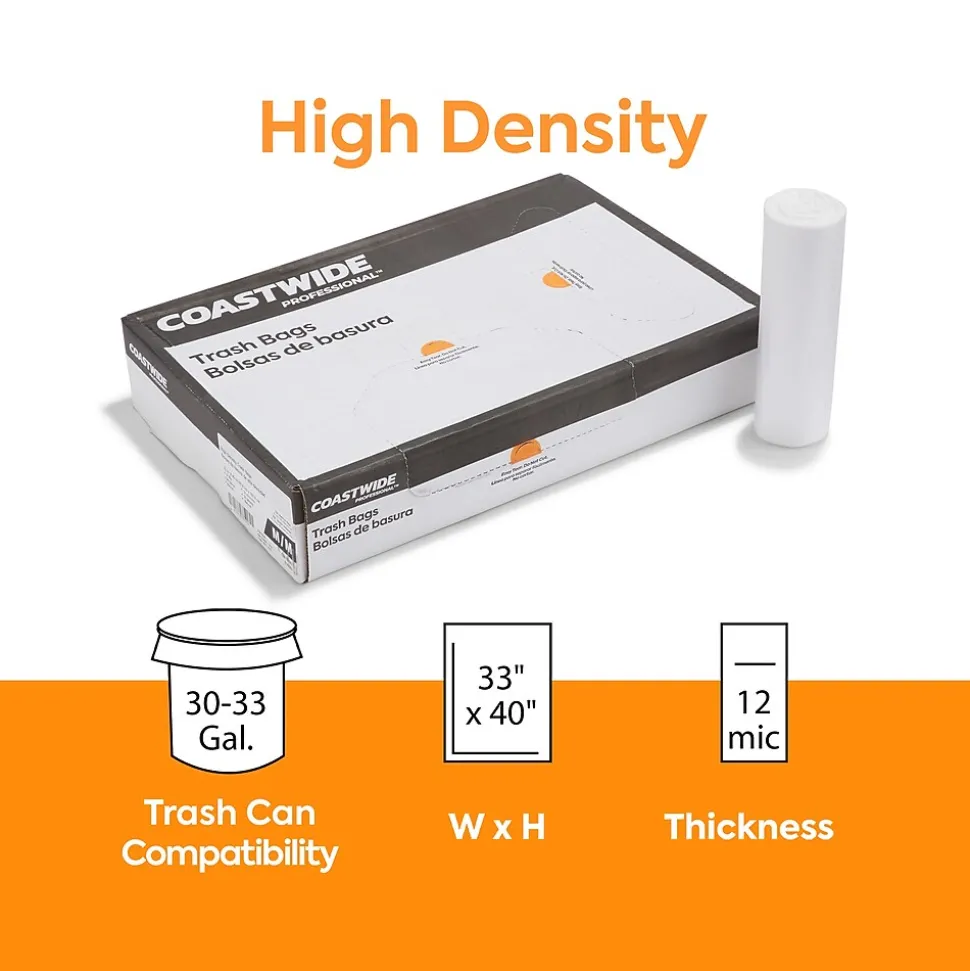 Coastwide Professional™ 30-33 Gallon Trash Bag, 33" x 40", High Density, 12 mic, Natural, 250 Bags/Box (CW18199)