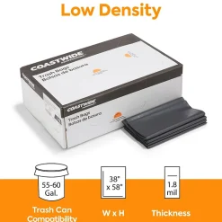 Coastwide Professional™ 55-60 Gallon Trash Bag, 38" x 58", Low Density, 1.8 mil, Black, 100 Bags/Box (CW18207)