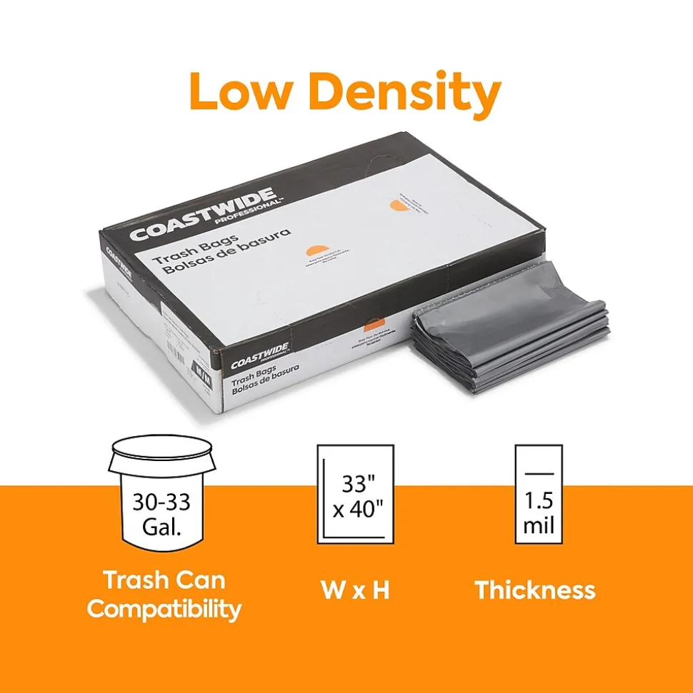 Coastwide Professional™ 30-33 Gallon Trash Bag, 33" x 40", Low Density, 1.5 mil, Silver, 100 Bags/Box (CW18186)