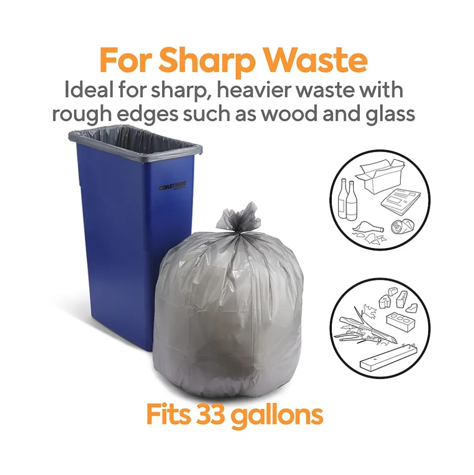 Coastwide Professional™ 30-33 Gallon Trash Bag, 33" x 40", Low Density, 1.5 mil, Silver, 100 Bags/Box (CW18186)