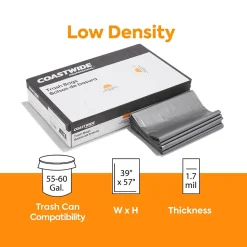 Coastwide Professional™ 55-60 Gallon Trash Bag, 39" x 57", Low Density, 1.7 mil, Silver, 50 Bags/Box (CW18190)