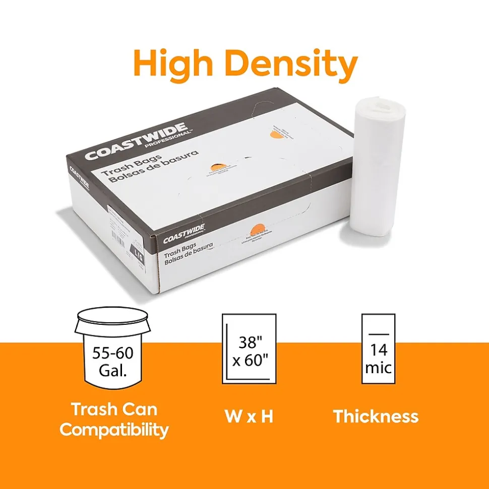Coastwide Professional™ 55-60 Gallon Trash Bag, 38" x 60", High Density, 14 mic, Natural, 200 Bags/Box (CW18201)