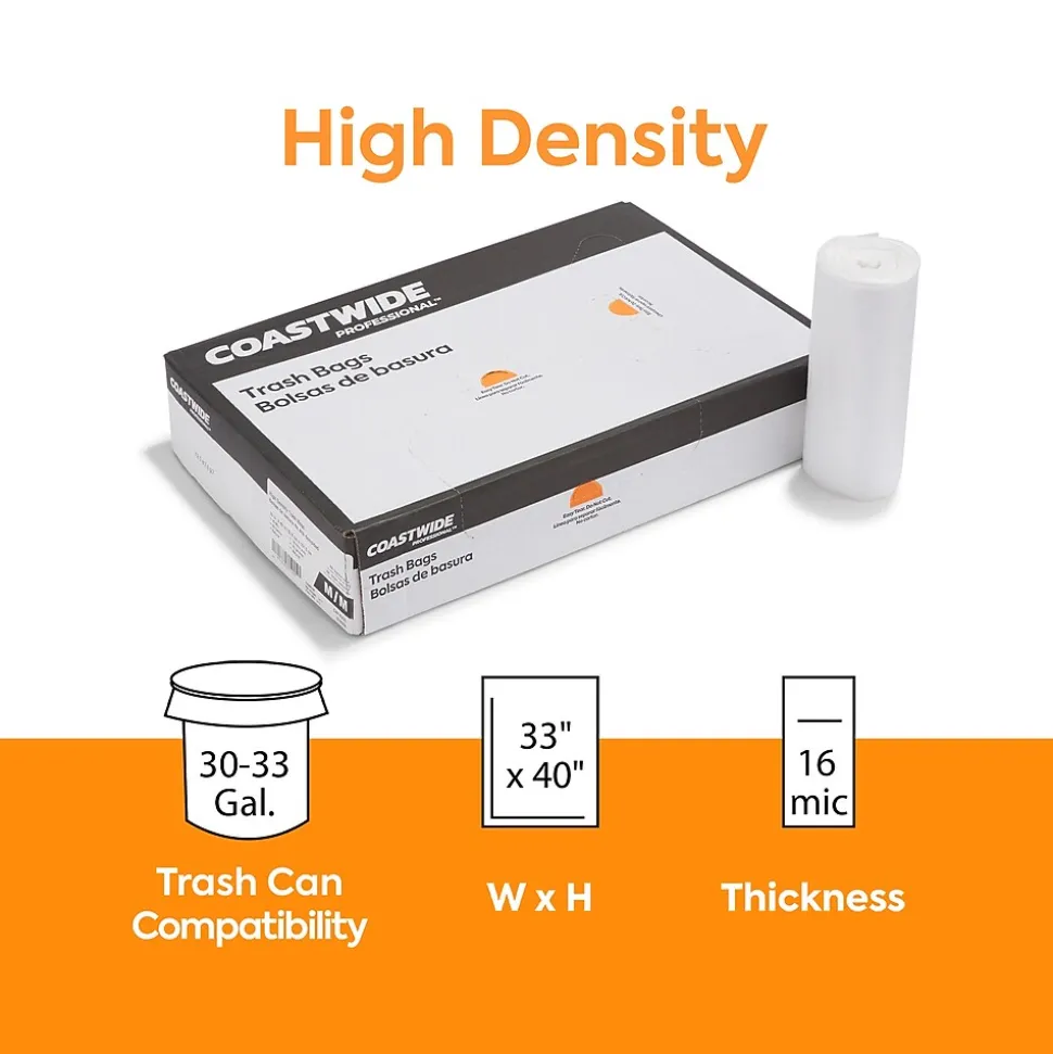 Coastwide Professional™ 30-33 Gallon Trash Bag, 33" x 40", High Density, 16 mic, Natural, 250 Bags/Box (CW18200)