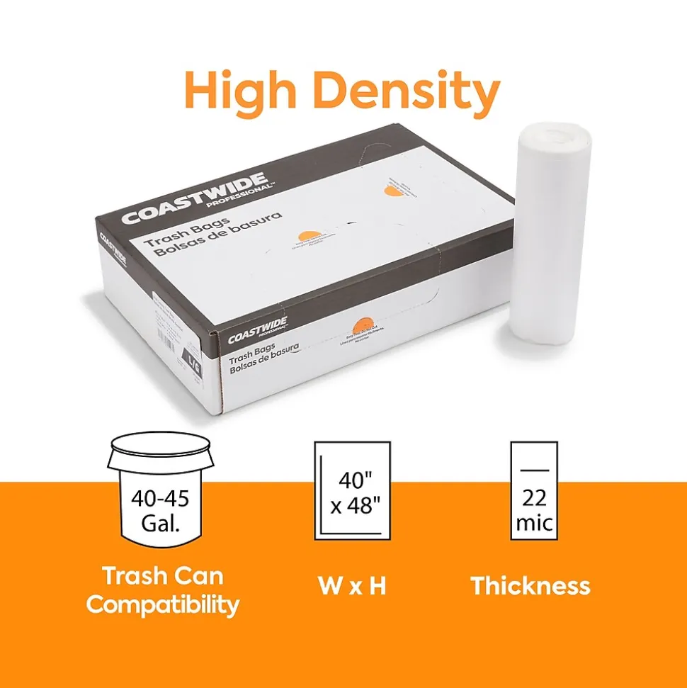 Coastwide Professional™ 40-45 Gallon Trash Bag, 40" x 48", High Density, 22 mic, Natural, 150 Bags/Box (CW19248)