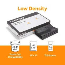 Coastwide Professional™ 40-45 Gallon Trash Bag, 40" x 48", Low Density, 1.5 mil, Black, 50 Bags/Box (CW19242)