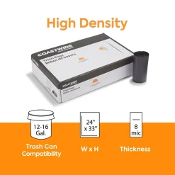 Coastwide Professional™ 12-16 Gallon Trash Bag, 24" x 33", High Density, 8 mic, Black, 1000 Bags/Box (CW50709)