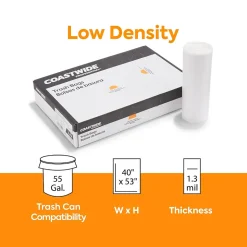 Coastwide Professional™ AccuFit 55 Gallon Trash Bag, 40" x 53", Low Density, 1.3 mil, Clear, 100 Bags/Box (CW25527)