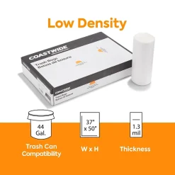 Coastwide Professional™ AccuFit 44 Gallon Trash Bag, 37" x 50", Low Density, 1.3 mil, Clear, 100 Bags/Box (CW25526)