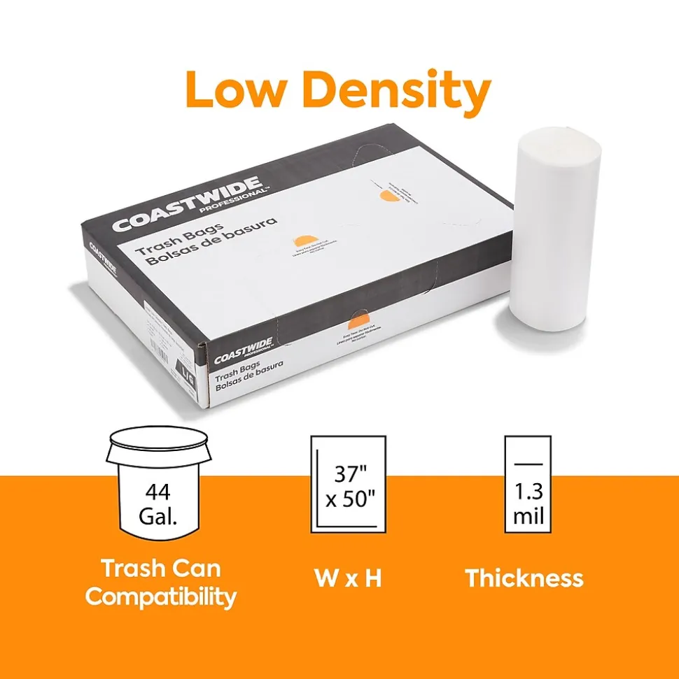 Coastwide Professional™ AccuFit 44 Gallon Trash Bag, 37" x 50", Low Density, 1.3 mil, Clear, 100 Bags/Box (CW25526)