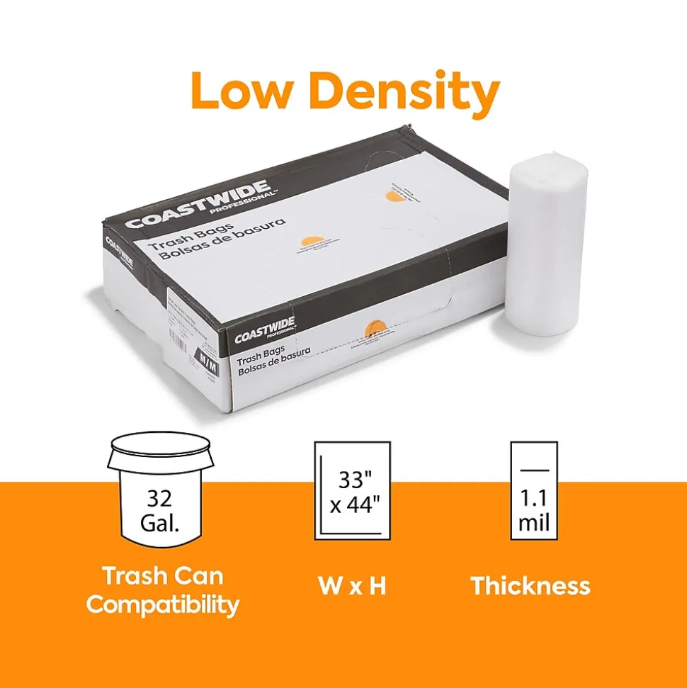 Coastwide Professional™ AccuFit 32 Gallon Trash Bag, 33" x 44", Low Density, 1.1 mil, Clear, 200 Bags/Box (CW22750)