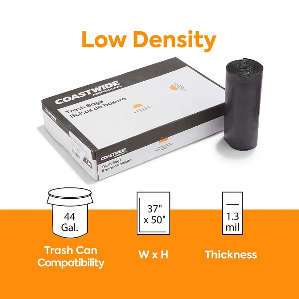 Coastwide Professional™ AccuFit 44 Gallon Trash Bag, 37" x 50", Low Density, 1.3 mil, Black, 100 Bags/Box (CW22752)