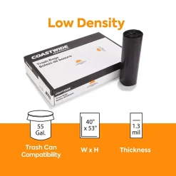 Coastwide Professional™ AccuFit 55 Gallon Trash Bag, 40" x 53", Low Density, 1.3 mil, Black, 100 Bags/Box (CW22753)