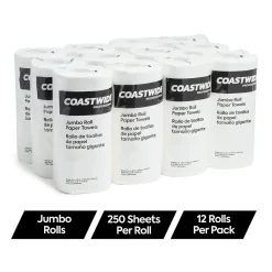 Coastwide Professional Jumbo Kitchen Rolls Paper Towel, 2-Ply, White, 250 Sheets/Roll, 12 Rolls/Carton (CW21806)