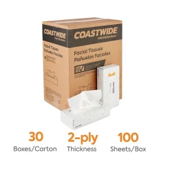 Coastwide Professional™ Recycled Facial Tissue, 2-Ply, 100 Sheets/Box, 30 Boxes/Carton (CW57776)