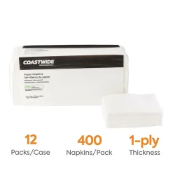 Coastwide Professional™ Recycled Napkin, 1-Ply, White, 400/Pack, 12 Pack/Carton (CW20179)