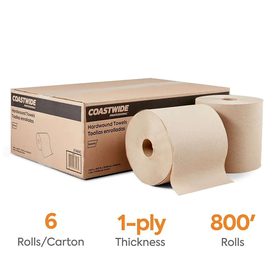 Coastwide Professional™ Recycled Hardwound Paper Towels, 1-Ply, 800 ft./Roll, 6 Rolls/Carton (CW20181)