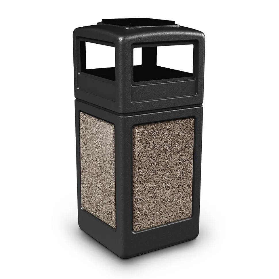 Commercial Zone Products® 42gal Square StoneTec® Trash Can with Ashtray Dome Lid; Black with Riverstone Panels (72055299)