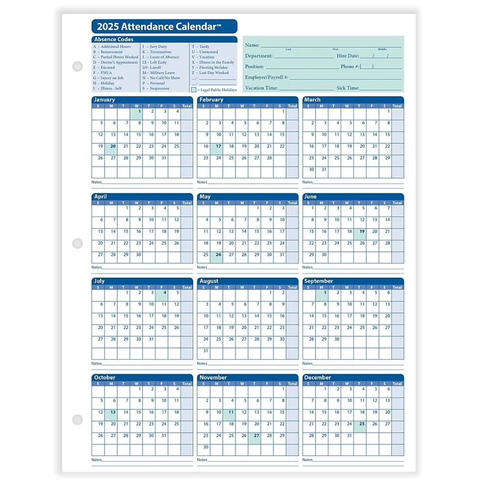 ComplyRight 2025 Attendance Calendar Card, 25 Forms/Pack (A4000W25)