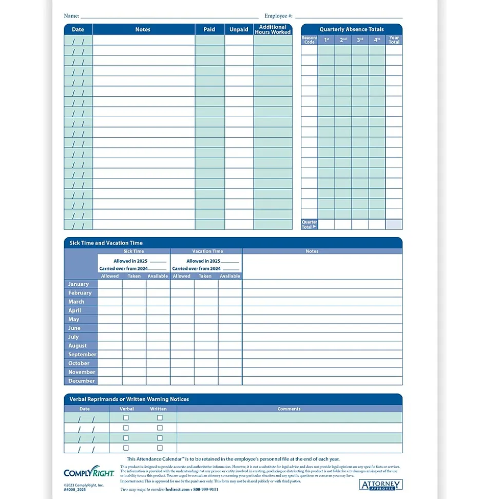 ComplyRight 2025 Attendance Calendar Card, 25 Forms/Pack (A4000W25)