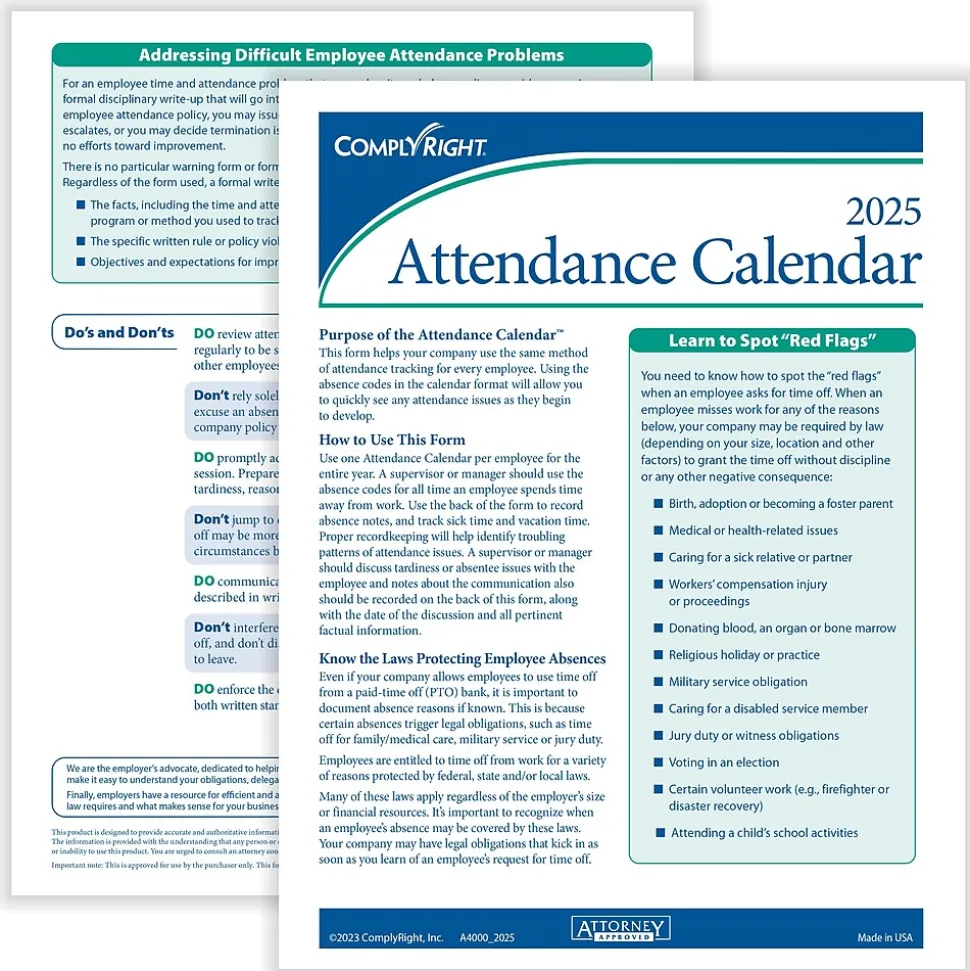 ComplyRight 2025 Attendance Calendar Card, 25 Forms/Pack (A4000W25)