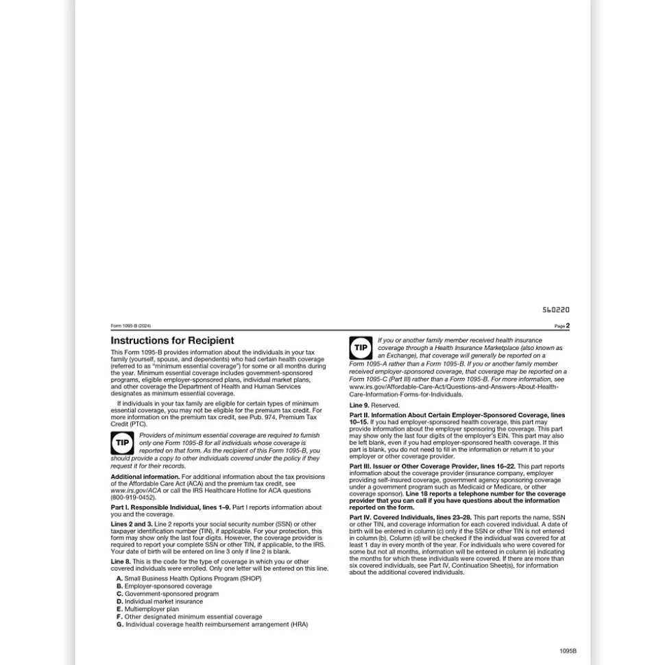ComplyRight 2024 1095-B Tax Form, 1-Part, White/Black, 500/Pack (1095B500)