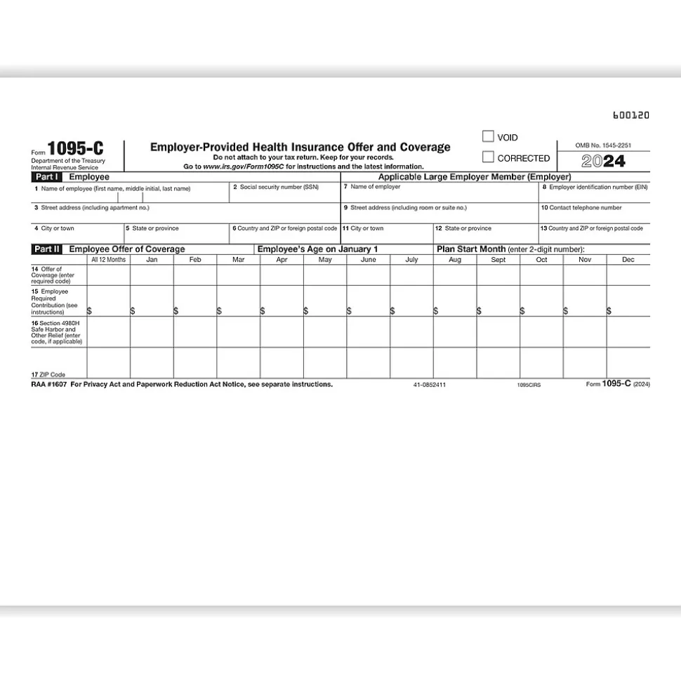 ComplyRight 2024 1095-C Tax Form, 1-Part, White/Black, 25/Pack (1095CIRS25)