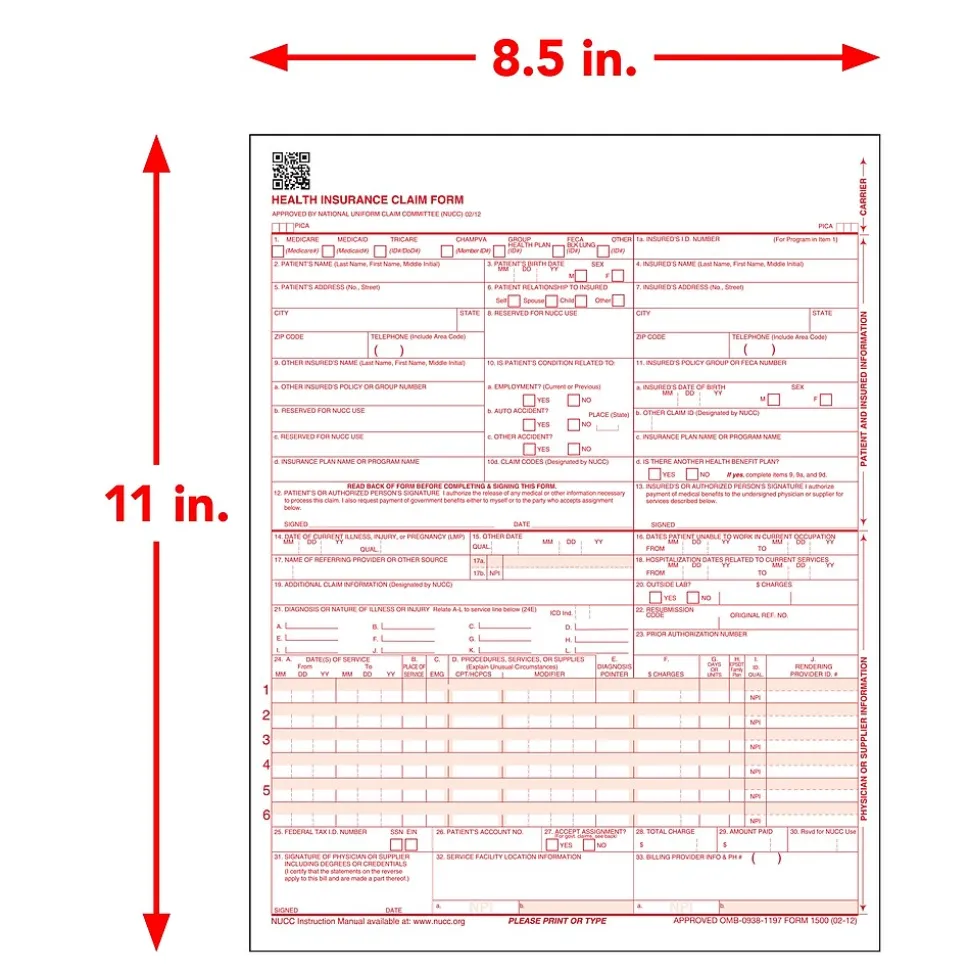 ComplyRight CMS-1500 Health Insurance Claim Forms (02/12), 8-1/2" x 11", Pack of 250 (CMS12LC250)