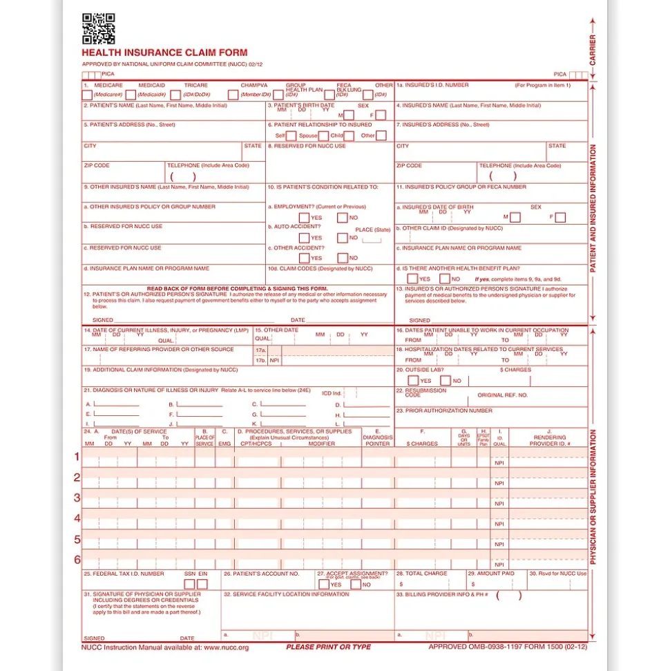 ComplyRight 1-Part Continuous CMS-1500 Health Insurance Claim Form (02/12), 2,500/Pack (CMS121)
