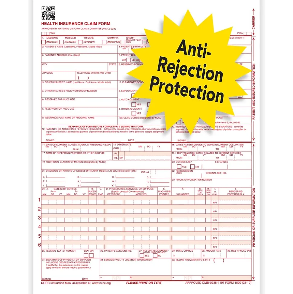 ComplyRight 1-Part Continuous CMS-1500 Health Insurance Claim Form (02/12), 2,500/Pack (CMS121)