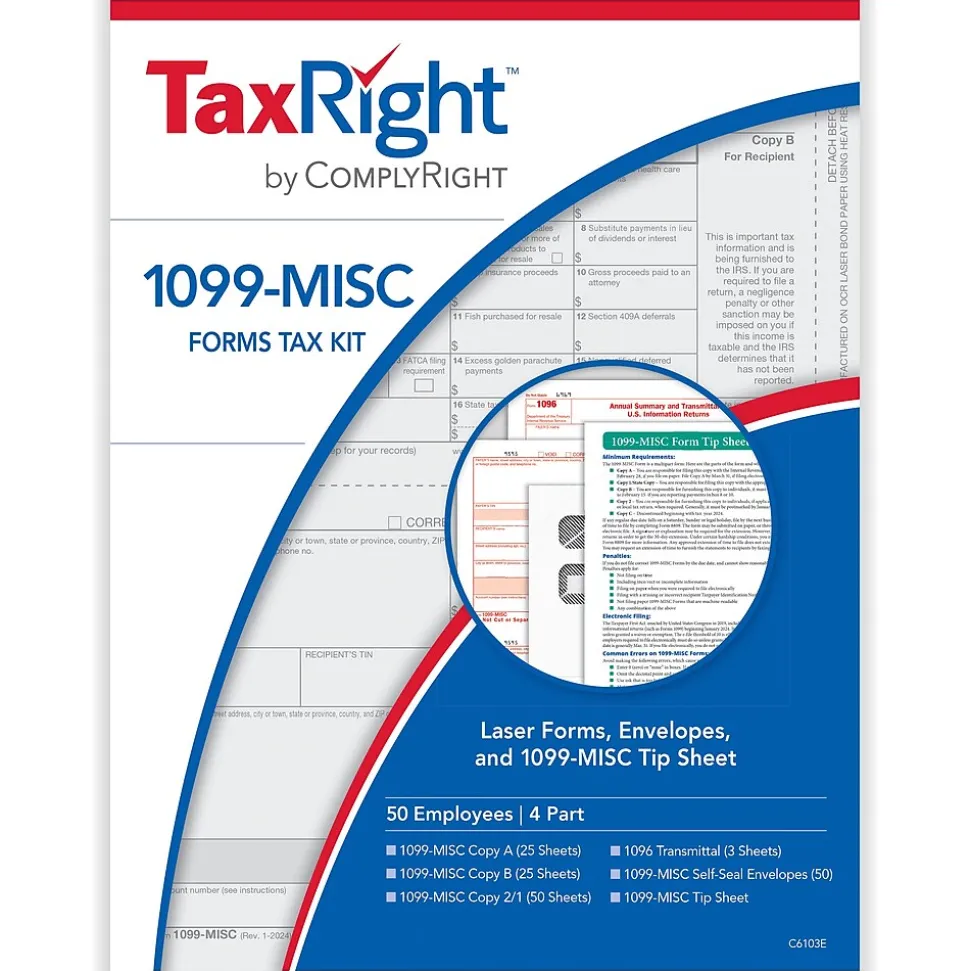 ComplyRight TaxRight 2024 1099-MISC Tax Form Tax Form Set with Envelopes, 4-Part, 50/Pack (SC6103E)