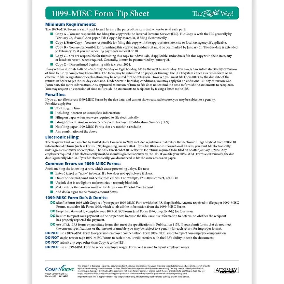 ComplyRight TaxRight 2024 1099-MISC Tax Form Tax Form Set with Envelopes, 4-Part, 50/Pack (SC6103E)