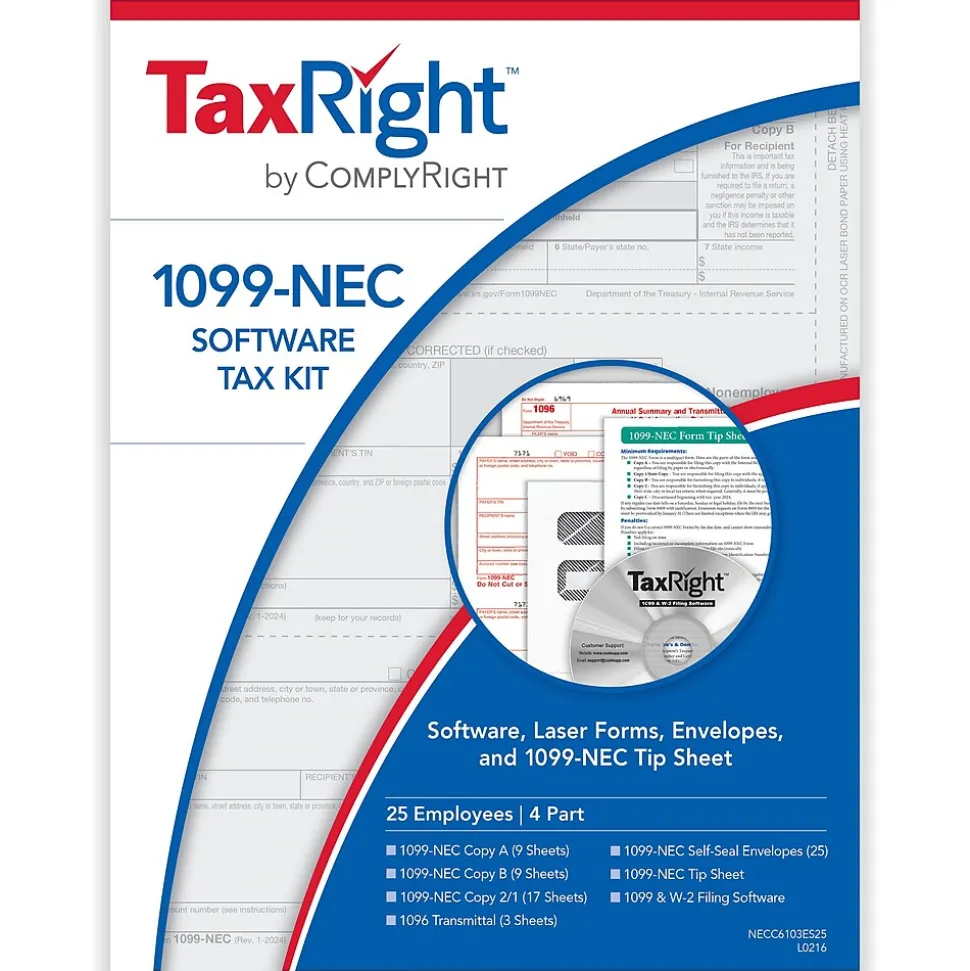 ComplyRight TaxRight 2024 1099-NEC Tax Form Tax Forms, Envelopes, TipSheet & Software, 4-Part, 25/Pack (NECSC6103ES25)