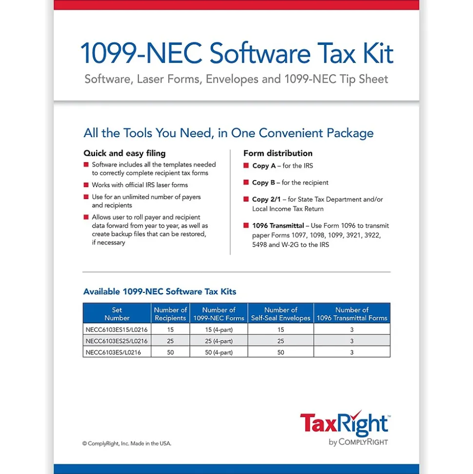 ComplyRight TaxRight 2024 1099-NEC Tax Form Tax Forms, Envelopes, TipSheet & Software, 4-Part, 25/Pack (NECSC6103ES25)