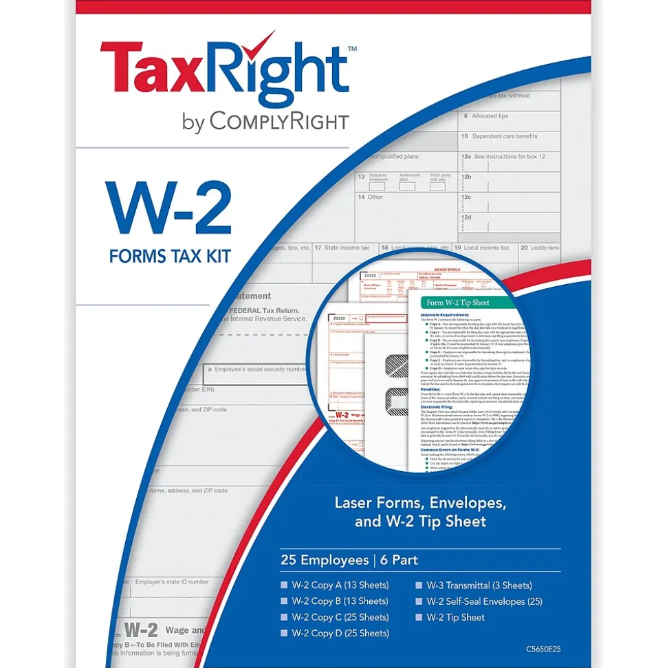 ComplyRight TaxRight 2024 W-2 Tax Form Tax Form Set with Envelopes, 6-Part, 25/Pack (SC5650E25)