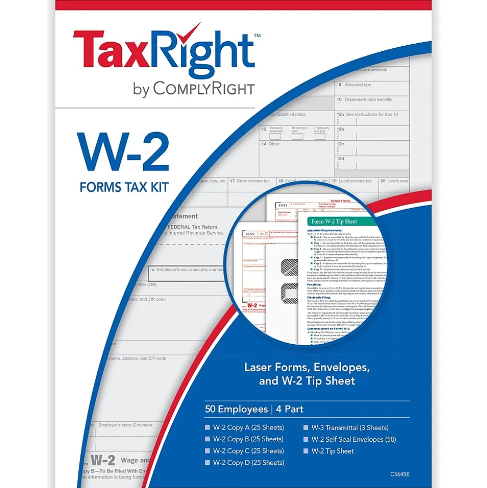 ComplyRight TaxRight 2024 W-2 Tax Form Tax Form Set with Envelopes, 4-Part, 50/Pack (SC5645E)