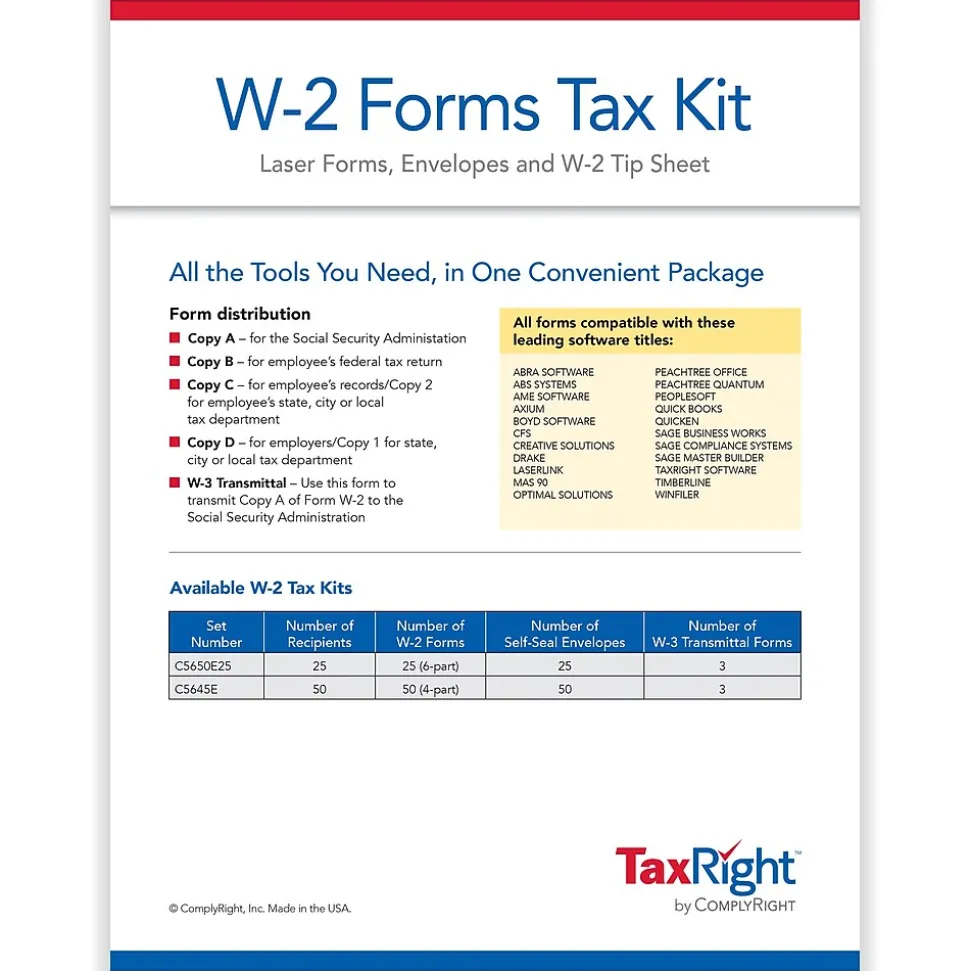 ComplyRight TaxRight 2024 W-2 Tax Form Tax Form Set with Envelopes, 4-Part, 50/Pack (SC5645E)