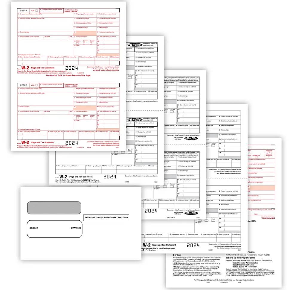 ComplyRight TaxRight 2024 W-2 Tax Form Tax Form Set with Envelopes, 4-Part, 50/Pack (SC5645E)
