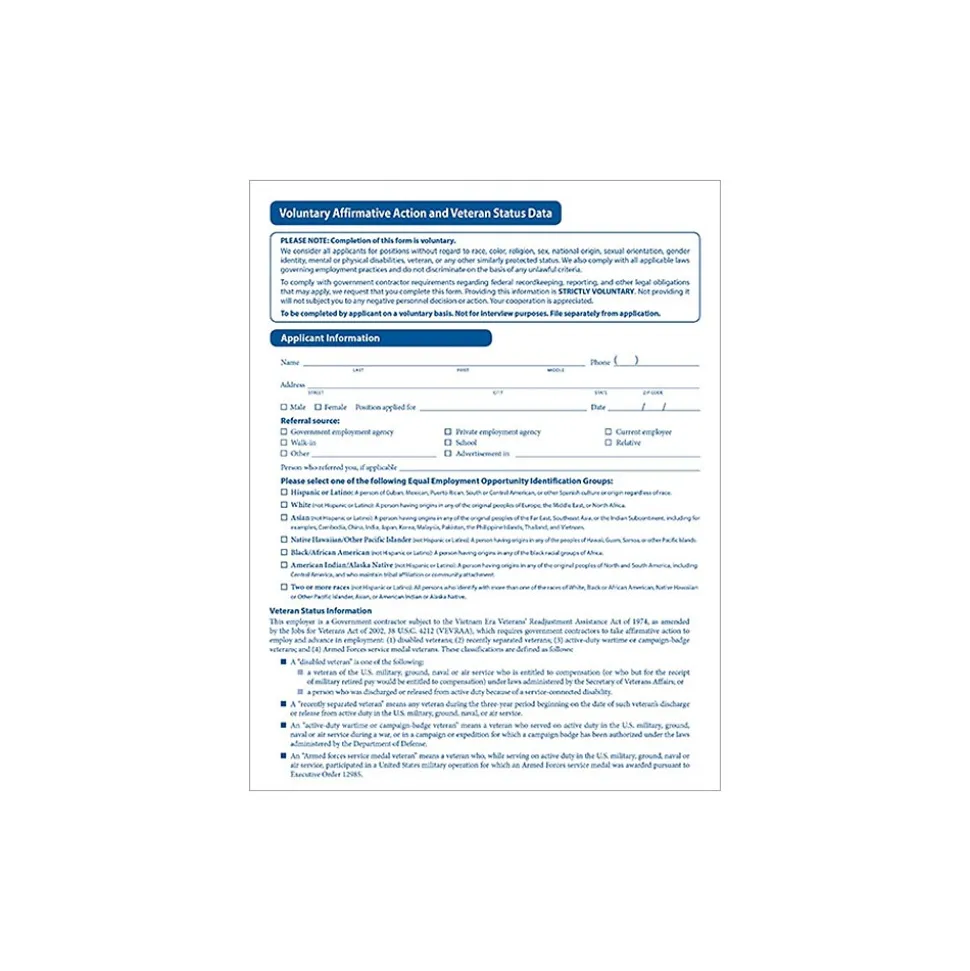 ComplyRight Voluntary Affirmative Action and Veteran Status Data Form, 25/Pack (A0111PK25)