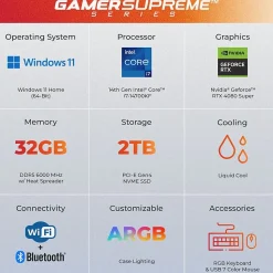 CyberPowerPC Gamer Supreme Gaming Desktop Computer, Intel Core i7-14700KF, 32GB Memory, 2TB SSD (SLC10760CPGV5)