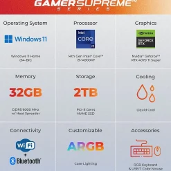 CyberPowerPC Gamer Supreme Gaming Desktop Computer, Intel Core i9-14900KF, 32GB Memory, 2TB SSD (SLC10220CPGV10)